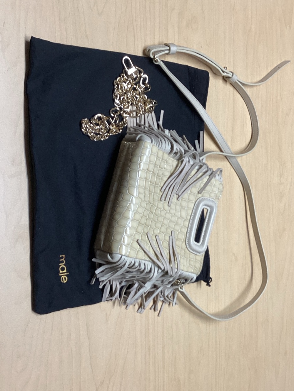 Maje Ivory Croc-Embossed Fringe Crossbody with Gold Chain Detail